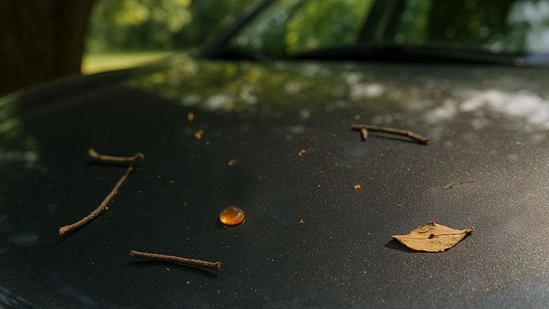 A bead of tree sap on a black car hood