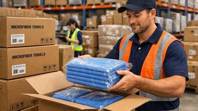 A factory worker is packaging stacks of microfiber cloths