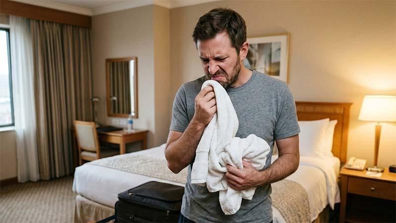 A hotel guest is displeased with the musty smell