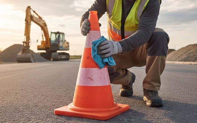 A man cleaning a traffic cone at a construction site