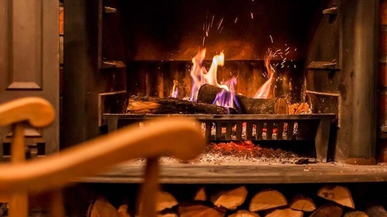 A traditional wood-burning fireplace