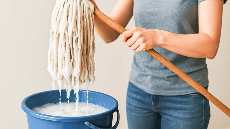 A woman lifting a soapy cotton mop out of a bucket