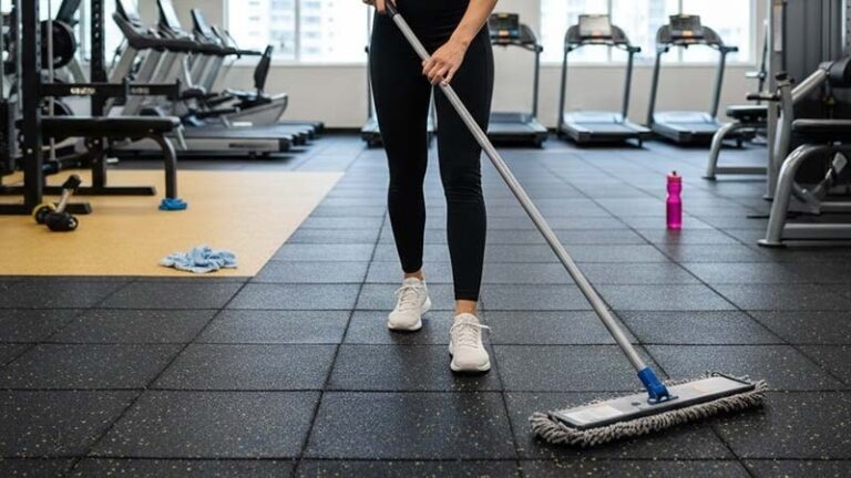 A woman using a microfiber mop on a rubber gym floor