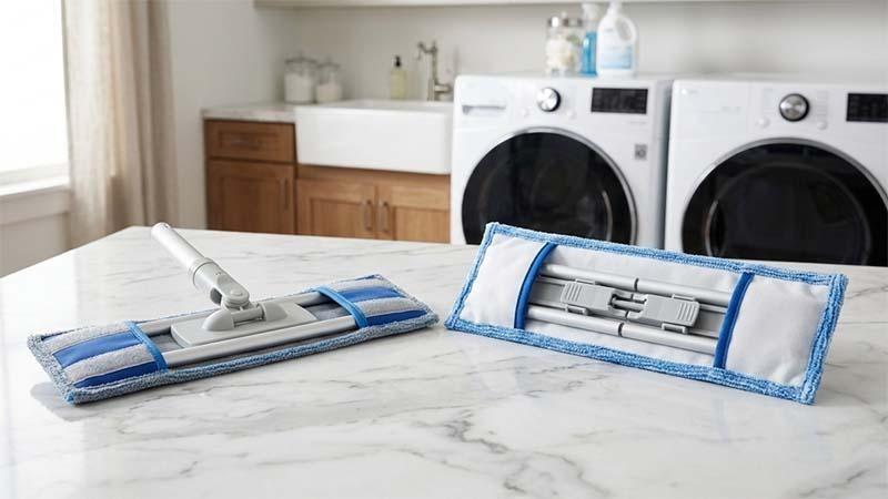 Blue Velcro & Blue Pocket Mop on a Marble Counter