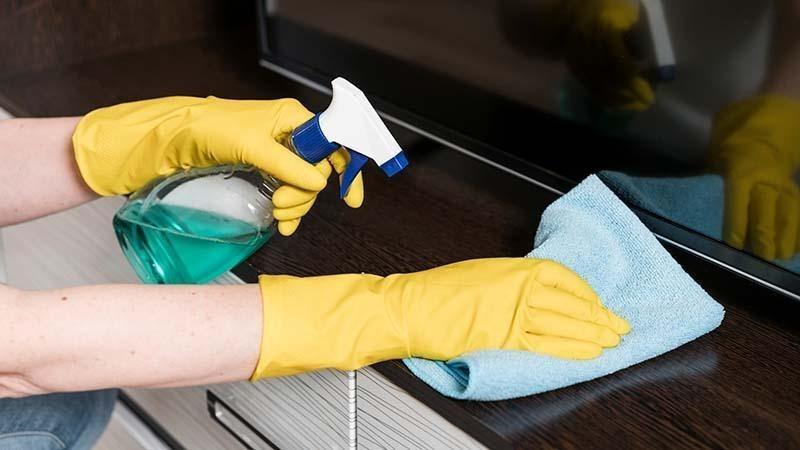 Blue microfiber of wooden counter