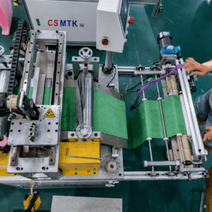 Close-up of the mechanical cutting of microfiber towels