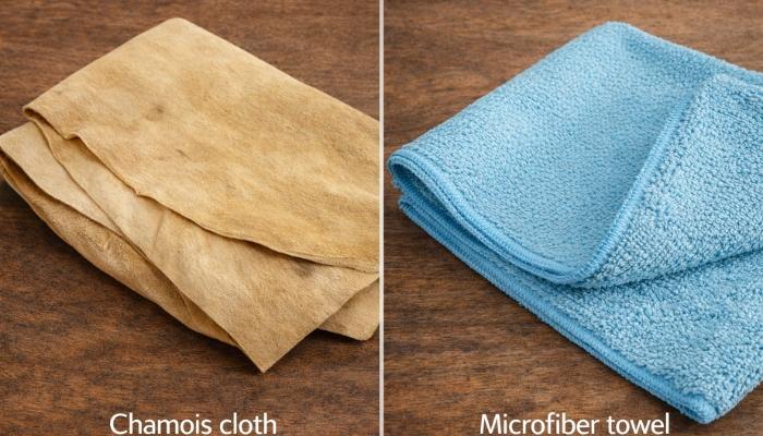 Comparison of chamois cloth (left) vs microfiber cloth (right)
