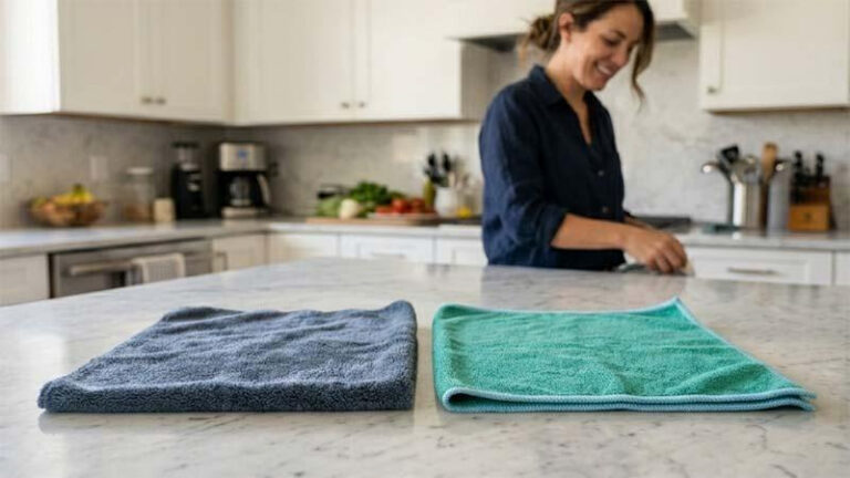 Edgless and overlock microfiber towels on a marble countertop
