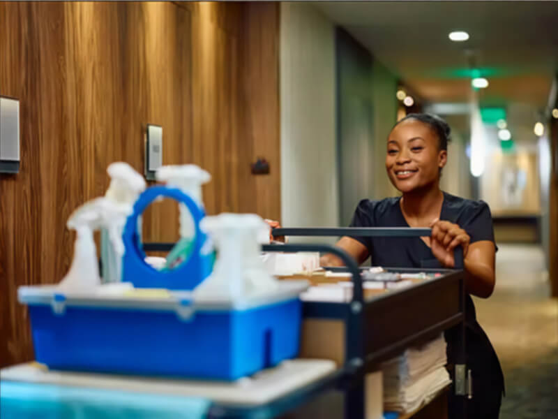 Hotel-cleaning-lady-pushing-a-cleaning-cart