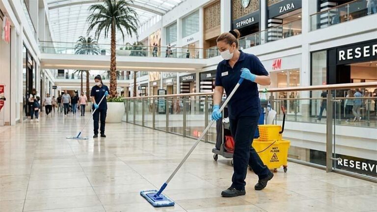 Mall Staff cleaning the floor with microfiber mops