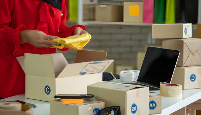Microfiber towel is being packed by a seller of towels