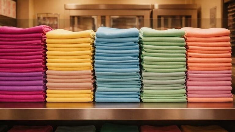 Stacks of microfiber cleaning cloths on a rack