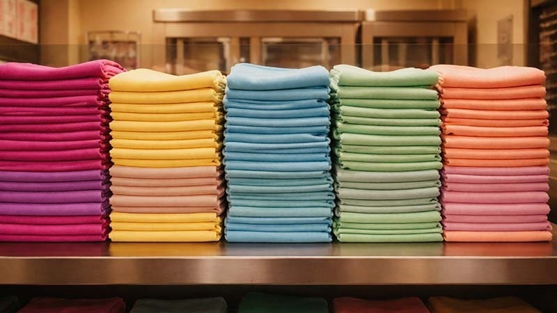 Stacks of microfiber cleaning cloths on a rack