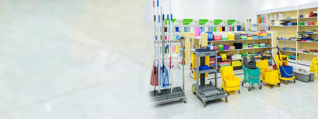 Various-towels,-mops,-and-Mop-bucket-are-placed-together.