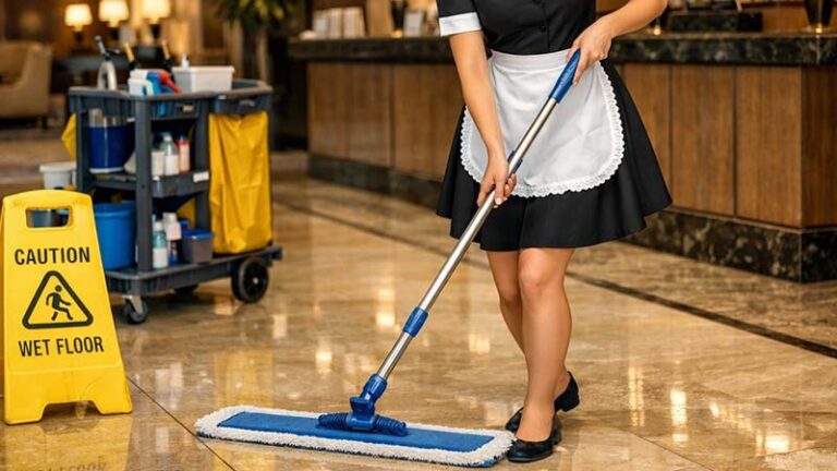 Women mopping a hotel with a flat mop