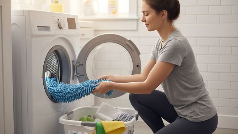Women taking a mop head out of the washing machine