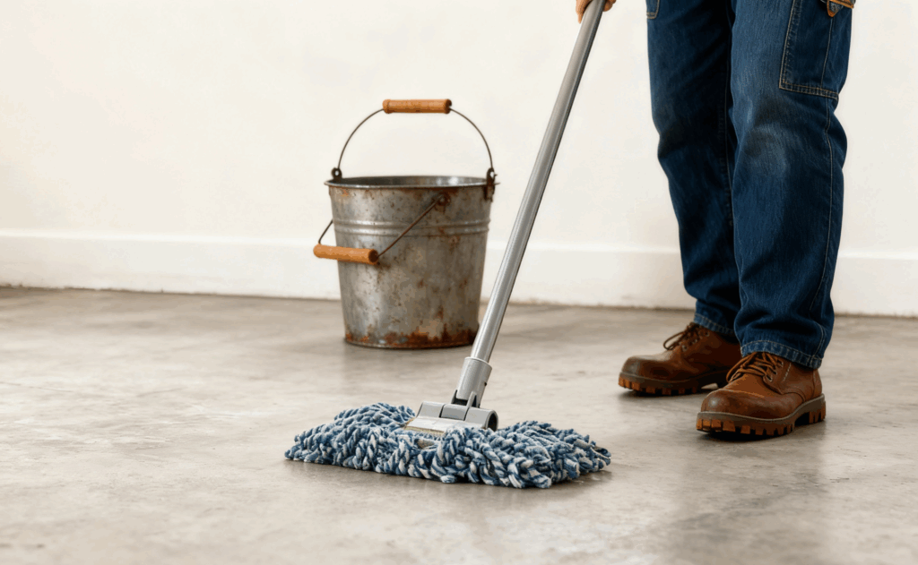 Mopping the concrete floor with a microfiber mop